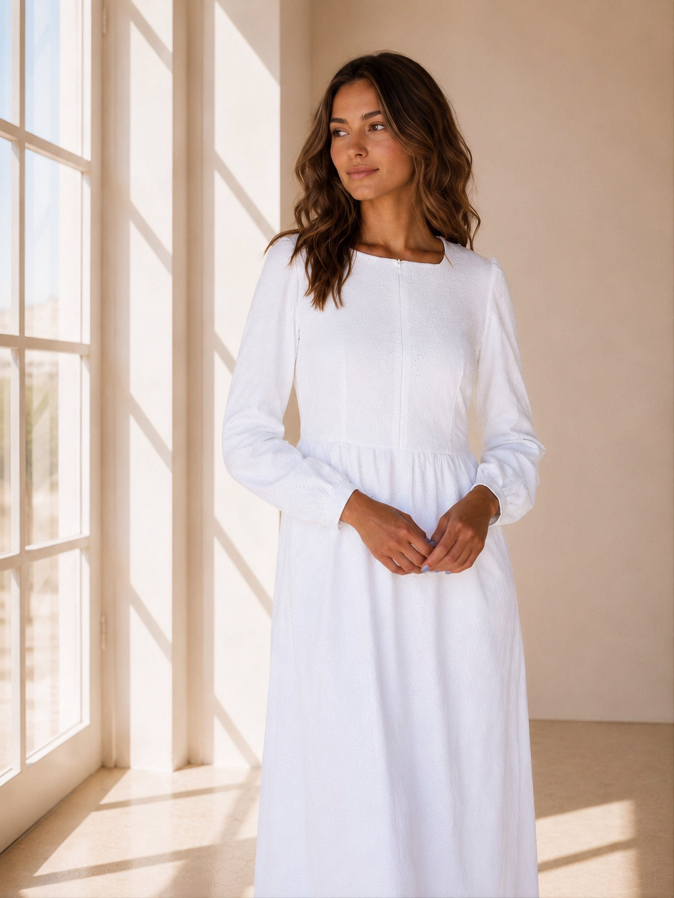 The Meridian white front-zip long sleeve LDS temple dress with square neckline
