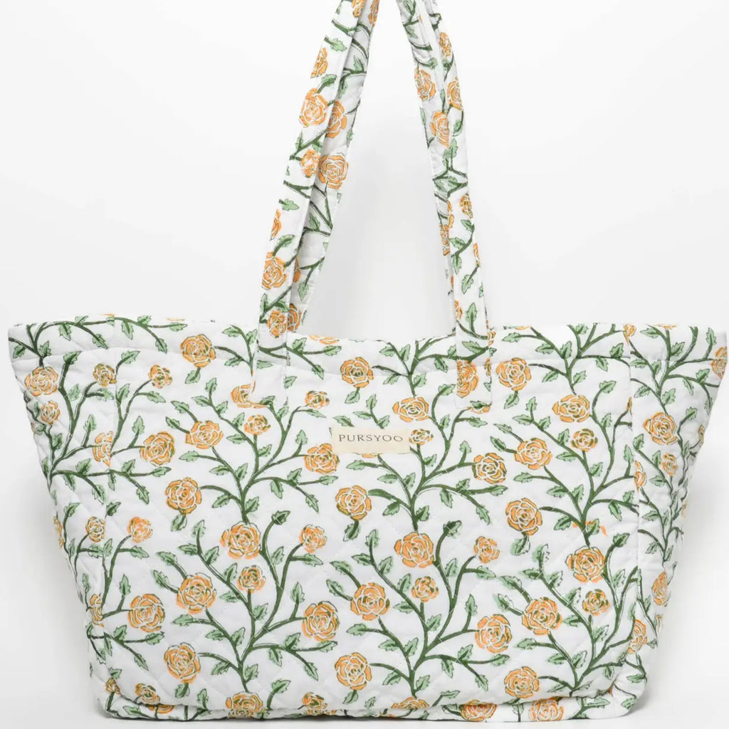 Block-printed quilted cotton floral tote bag with two styling options and magnetic snaps