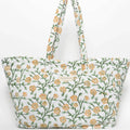 Block-printed quilted cotton floral tote bag with two styling options and magnetic snaps