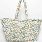 Block-printed quilted cotton floral tote bag with two styling options and magnetic snaps