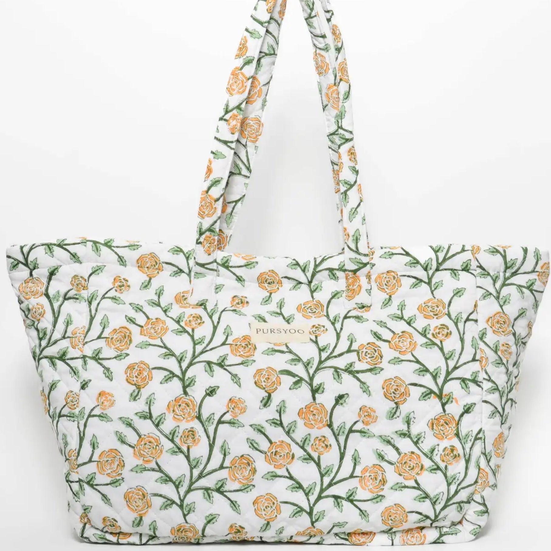 Block-printed quilted cotton floral tote bag with two styling options and magnetic snaps