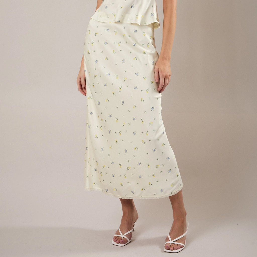 Lemon Blossom ivory ditsy-floral modest slip dress with a lace-trim hem