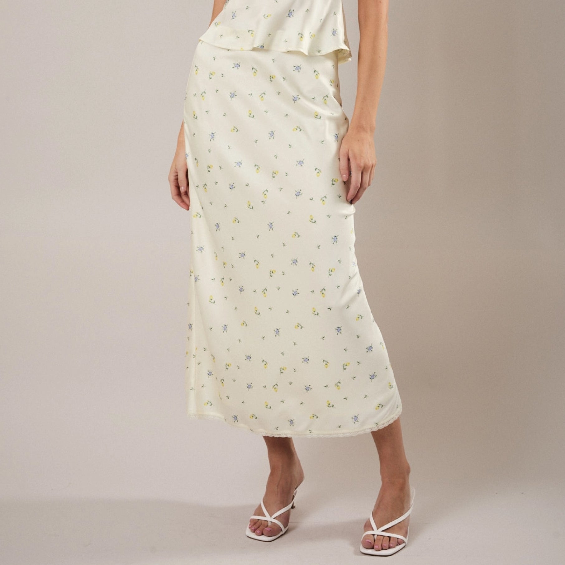 Lemon Blossom ivory ditsy-floral modest slip dress with a lace-trim hem