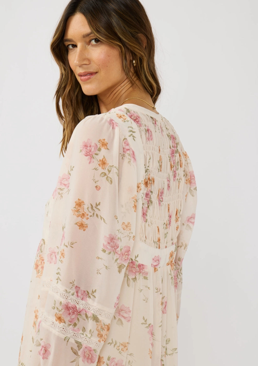 Floral chiffon modest midi dress with lace-insert sleeves, tiered skirt, and front ties