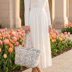 Block-printed quilted cotton floral tote bag with two styling options and magnetic snaps