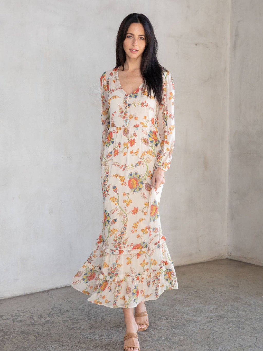Meadow sheer floral modest maxi dress with long sleeves, button front, and detachable lining