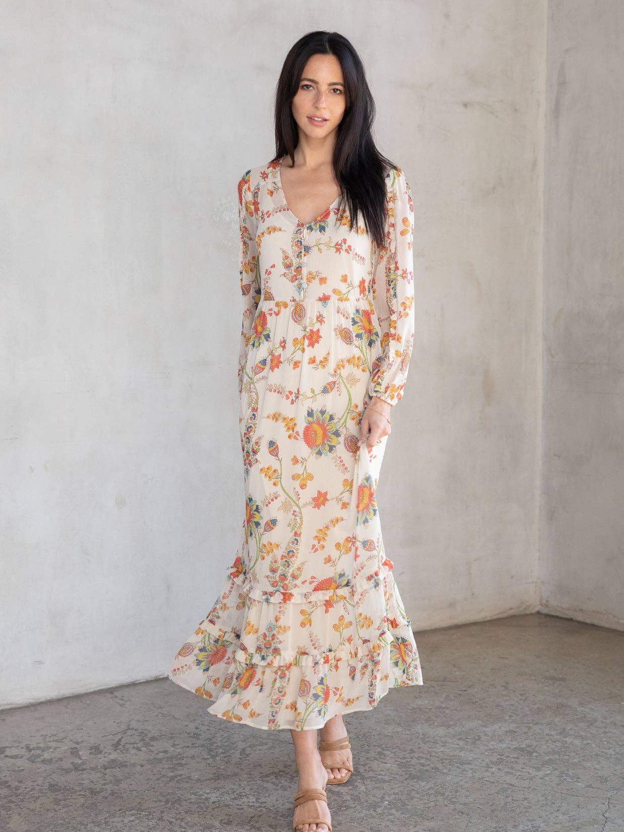 Meadow sheer floral modest maxi dress with long sleeves, button front, and detachable lining