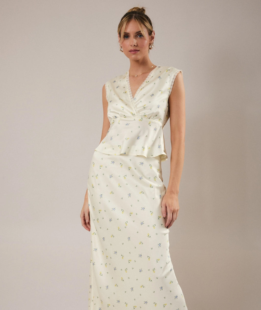 Lemon Blossom yellow ditsy-floral modest peplum top with wrap front and lace trim