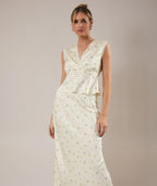 Lemon Blossom yellow ditsy-floral modest peplum top with wrap front and lace trim