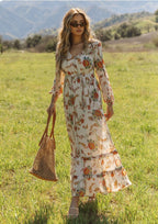 Meadow sheer floral modest maxi dress with long sleeves, button front, and detachable lining