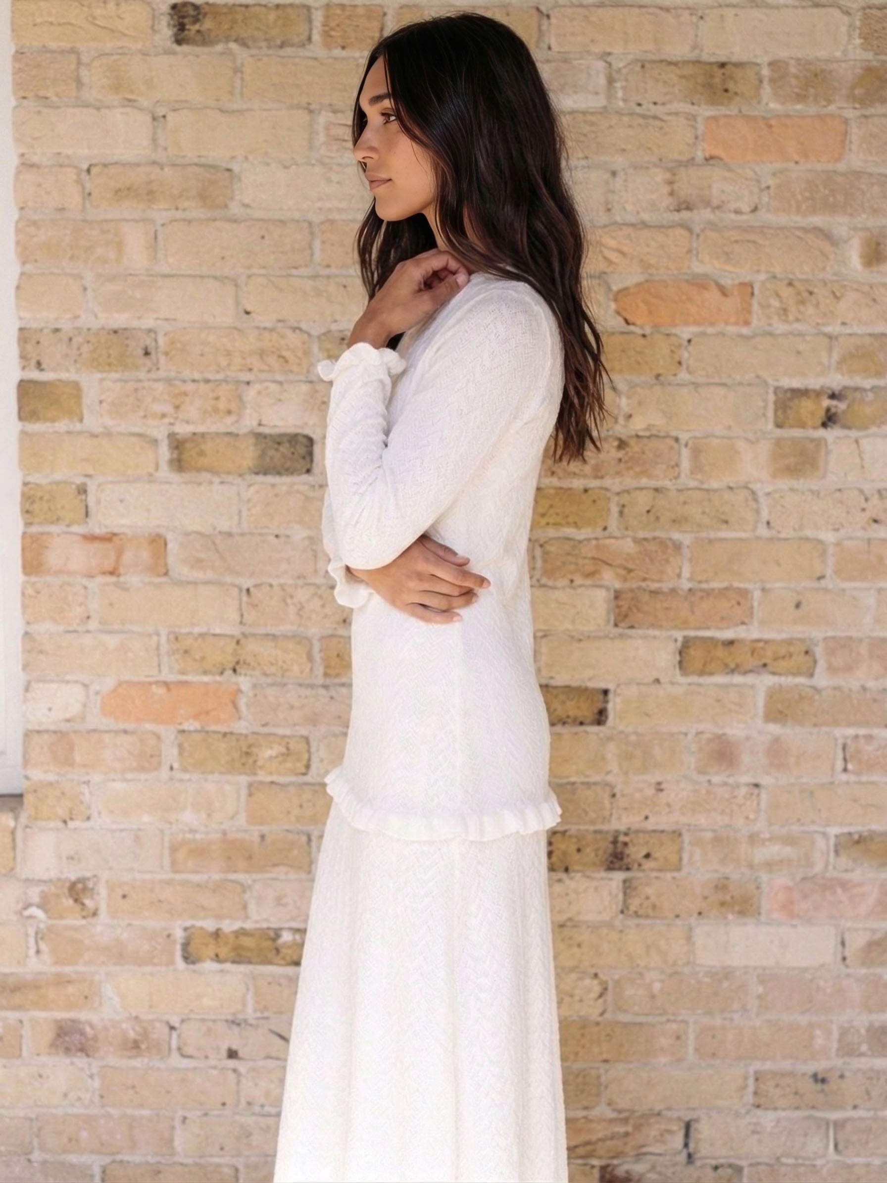 The Winter Quarters LDS temple dress — sweater-knit fabric close-up