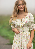 Meadow Daydream cream floral modest maxi dress with double puff sleeves and a smocked waist