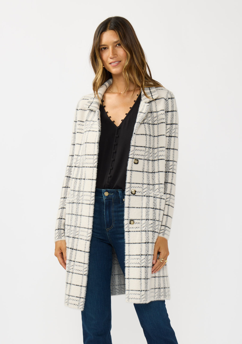 The Shiloh black-and-white windowpane plaid modest cardigan with a notched collar