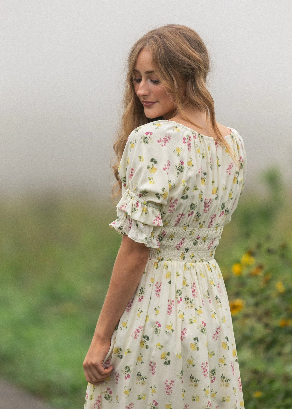 Meadow Daydream cream floral modest maxi dress with double puff sleeves and a smocked waist