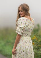 Meadow Daydream cream floral modest maxi dress with double puff sleeves and a smocked waist