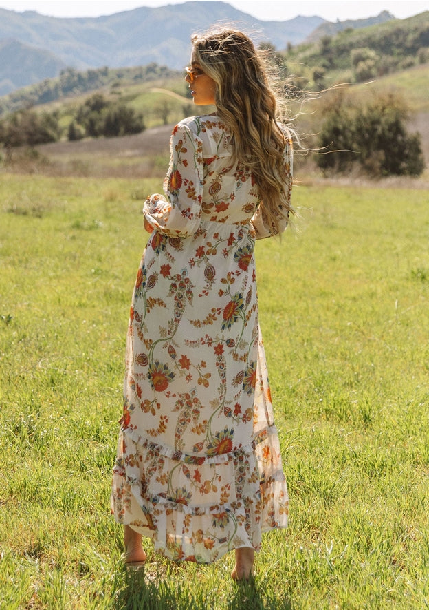 Meadow sheer floral modest maxi dress with long sleeves, button front, and detachable lining