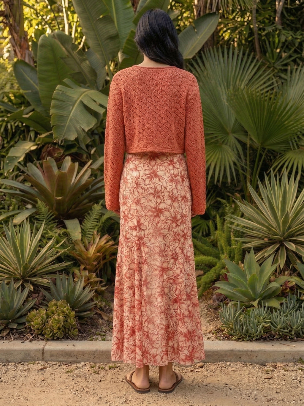 The Crimson Garden red floral-mesh modest maxi skirt with a mermaid silhouette and godet pleats