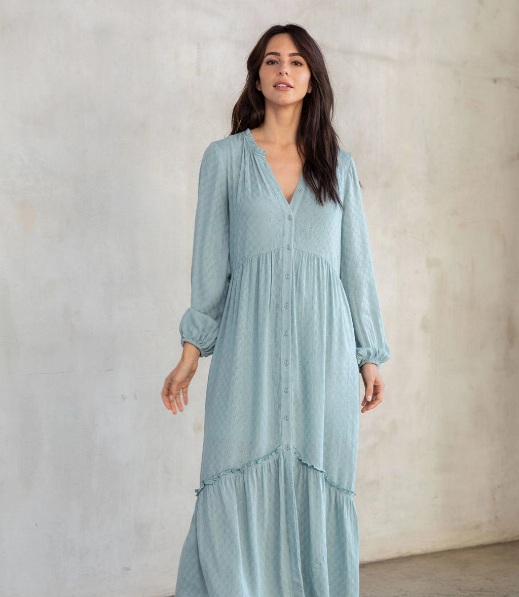 The Eden dusty-blue modest long-sleeve maxi dress with a button front and pockets