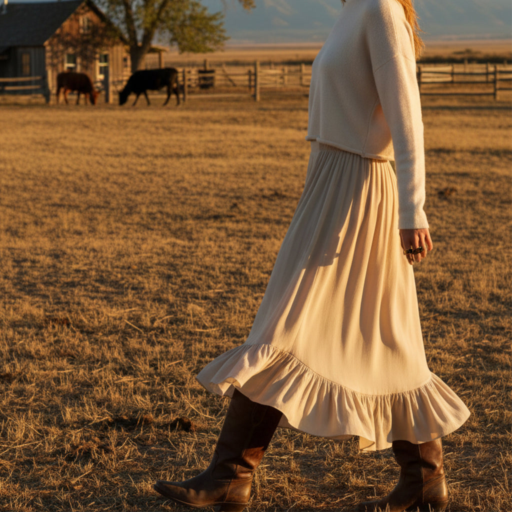 Ruffle-hem sand-beige bohemian modest maxi skirt with a smocked waist