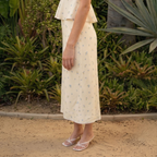 Lemon Blossom ivory ditsy-floral modest slip dress with a lace-trim hem