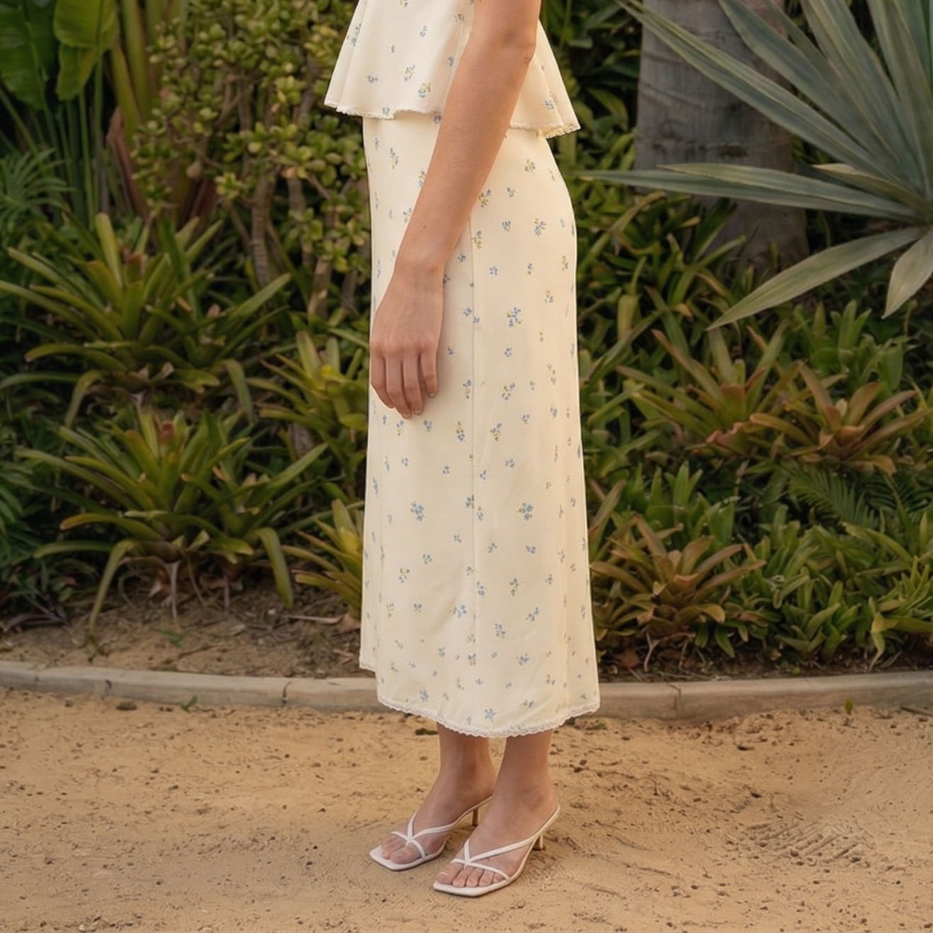 Lemon Blossom ivory ditsy-floral modest slip dress with a lace-trim hem