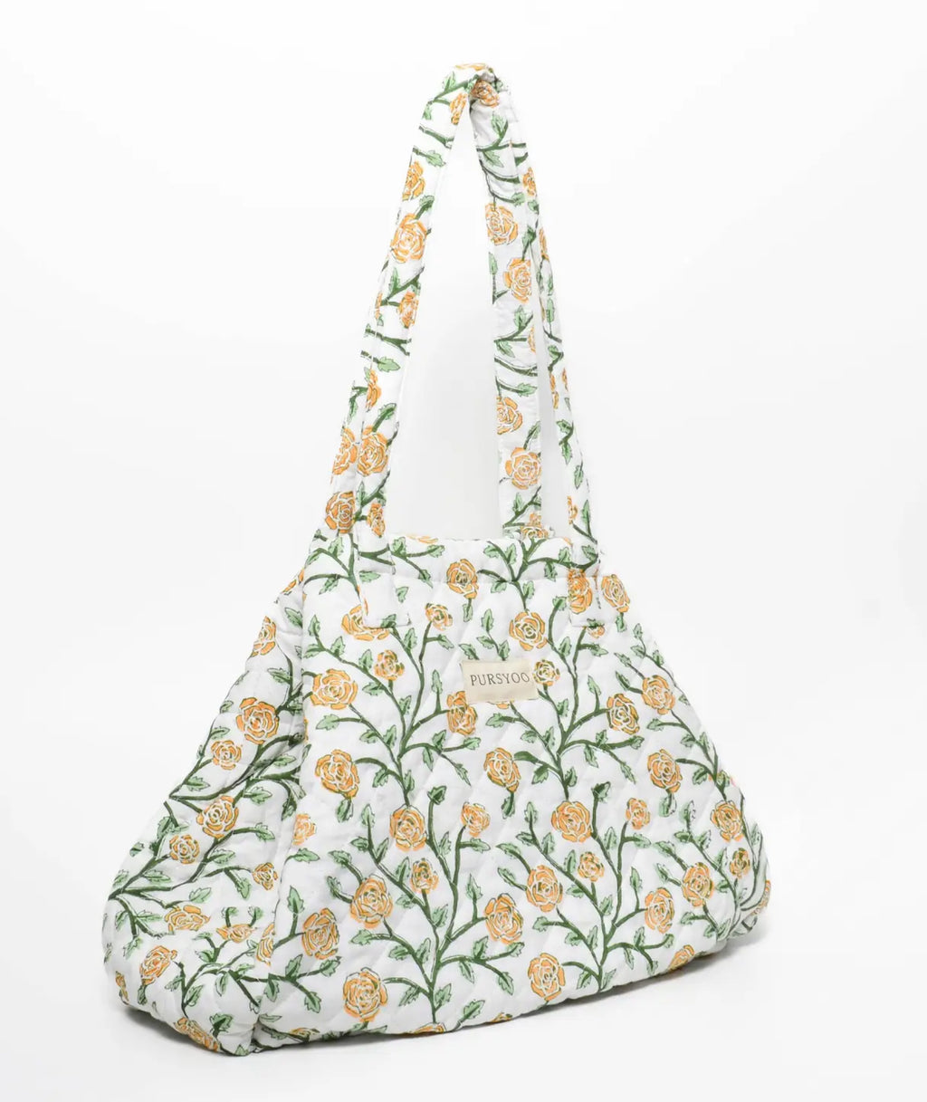 Block-printed quilted cotton floral tote bag with two styling options and magnetic snaps