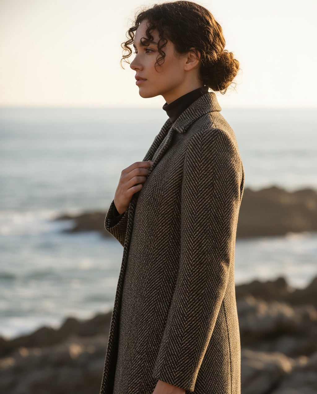 Carmel herringbone chevron modest coat in earth tones with notched collar and pockets