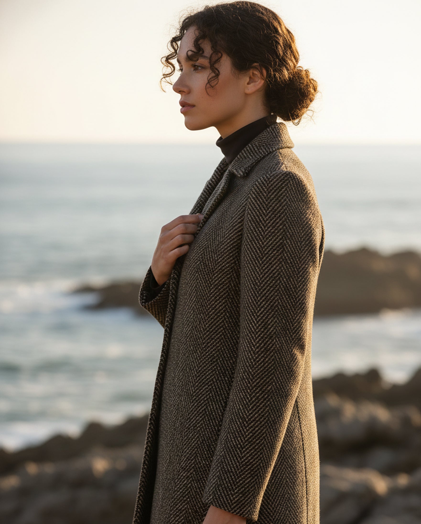 Carmel herringbone chevron modest coat in earth tones with notched collar and pockets