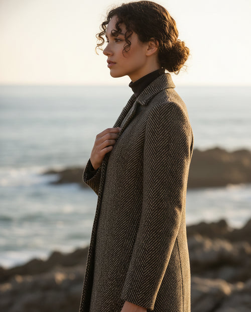 Carmel herringbone chevron modest coat in earth tones with notched collar and pockets