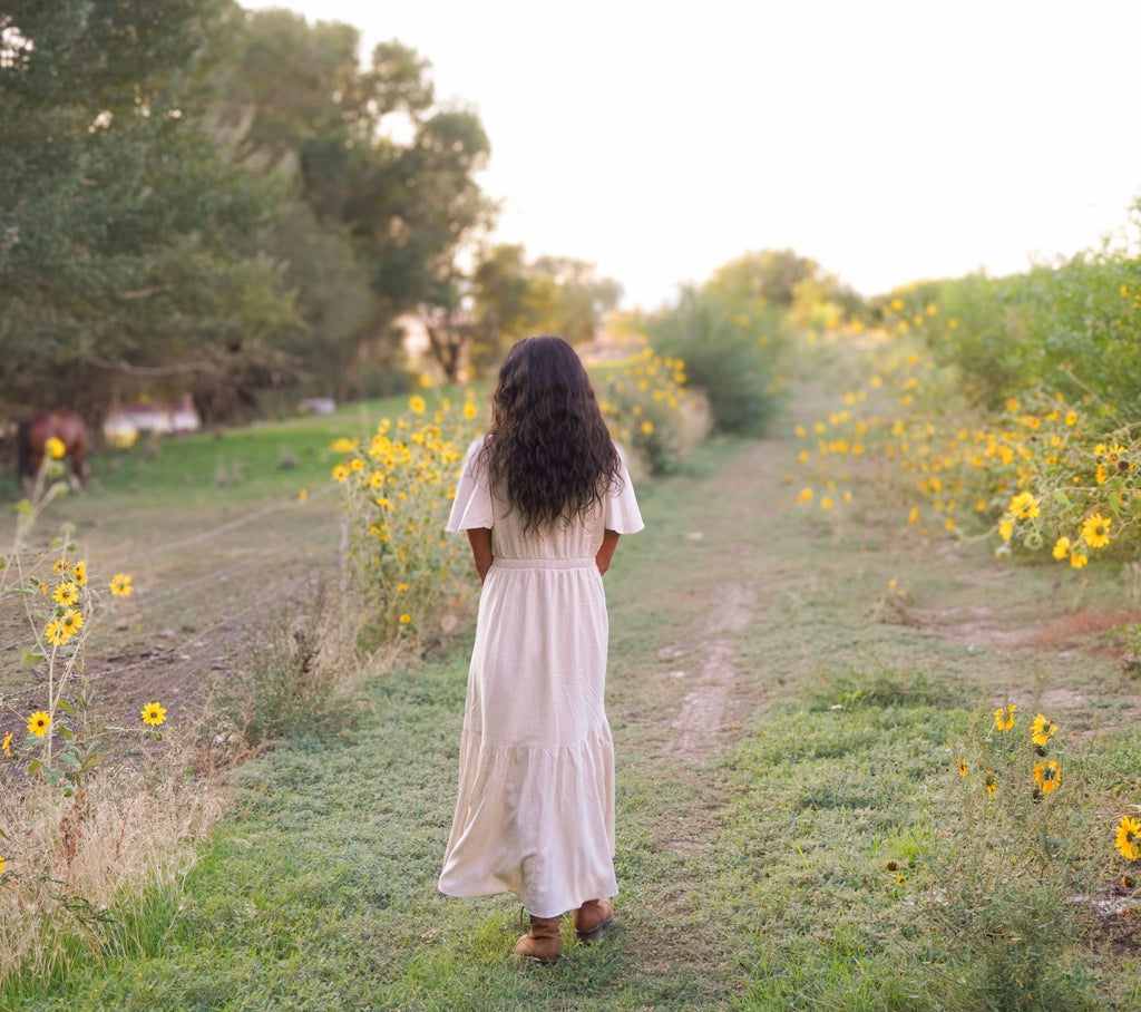 Ivory viscose-linen embroidered modest maxi dress with a faux-wrap waist tie