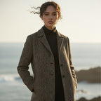 Carmel herringbone chevron modest coat in earth tones with notched collar and pockets