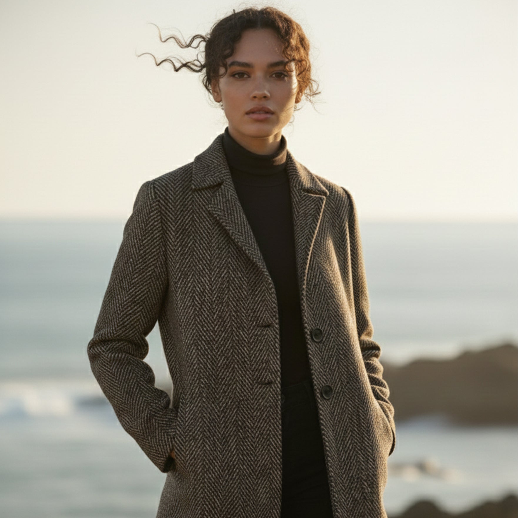 Carmel herringbone chevron modest coat in earth tones with notched collar and pockets