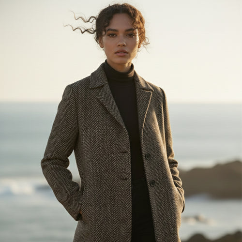 Carmel herringbone chevron modest coat in earth tones with notched collar and pockets