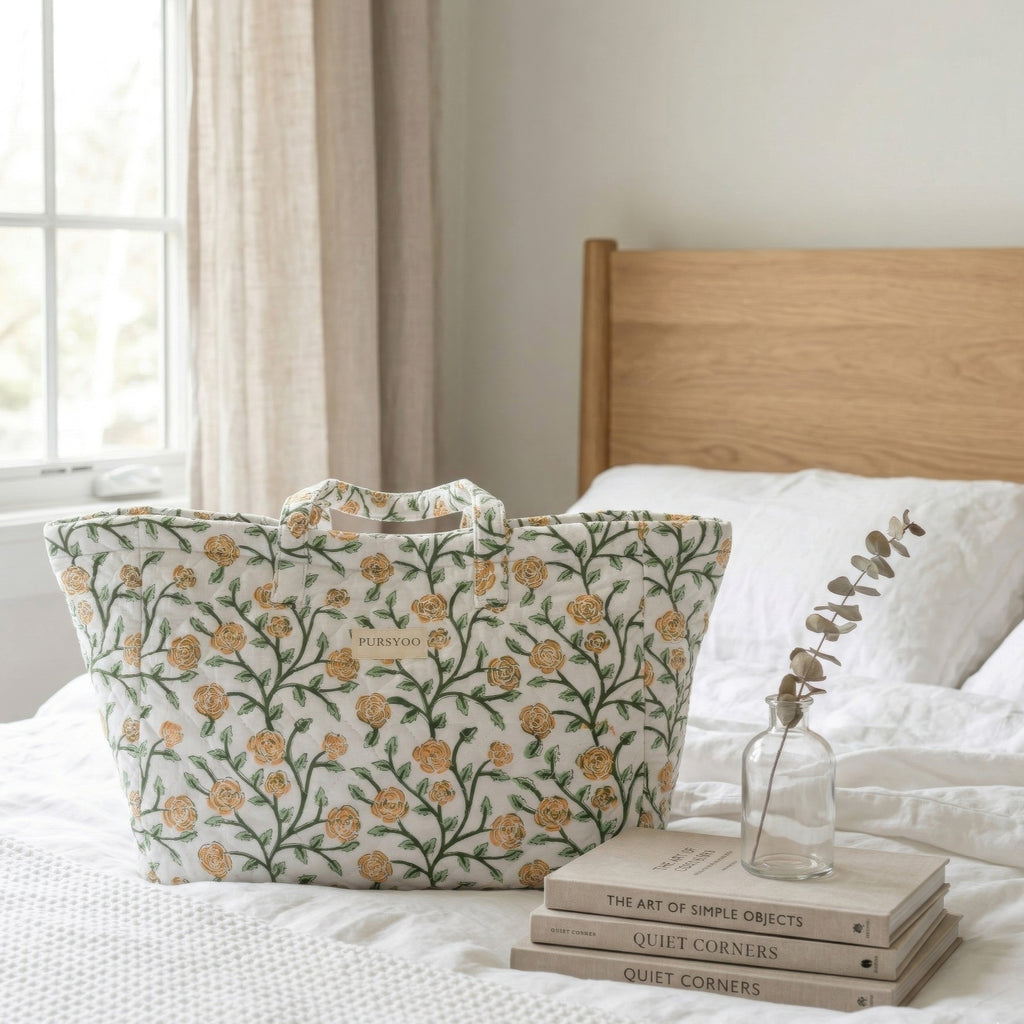 Block-printed quilted cotton floral tote bag with two styling options and magnetic snaps