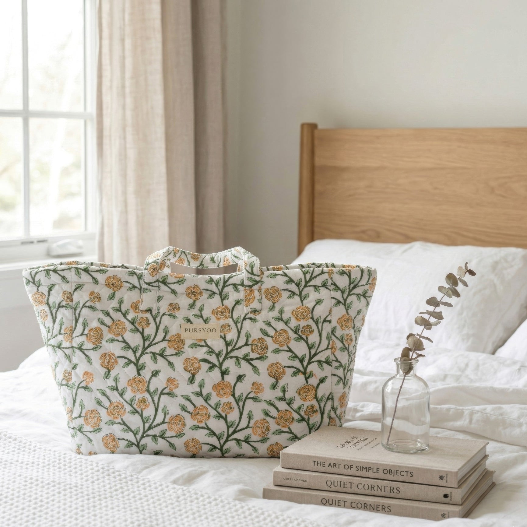 Block-printed quilted cotton floral tote bag with two styling options and magnetic snaps