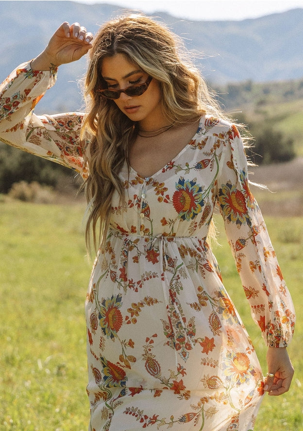 Meadow sheer floral modest maxi dress with long sleeves, button front, and detachable lining