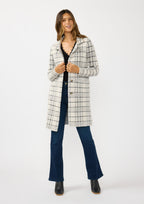 The Shiloh black-and-white windowpane plaid modest cardigan with a notched collar