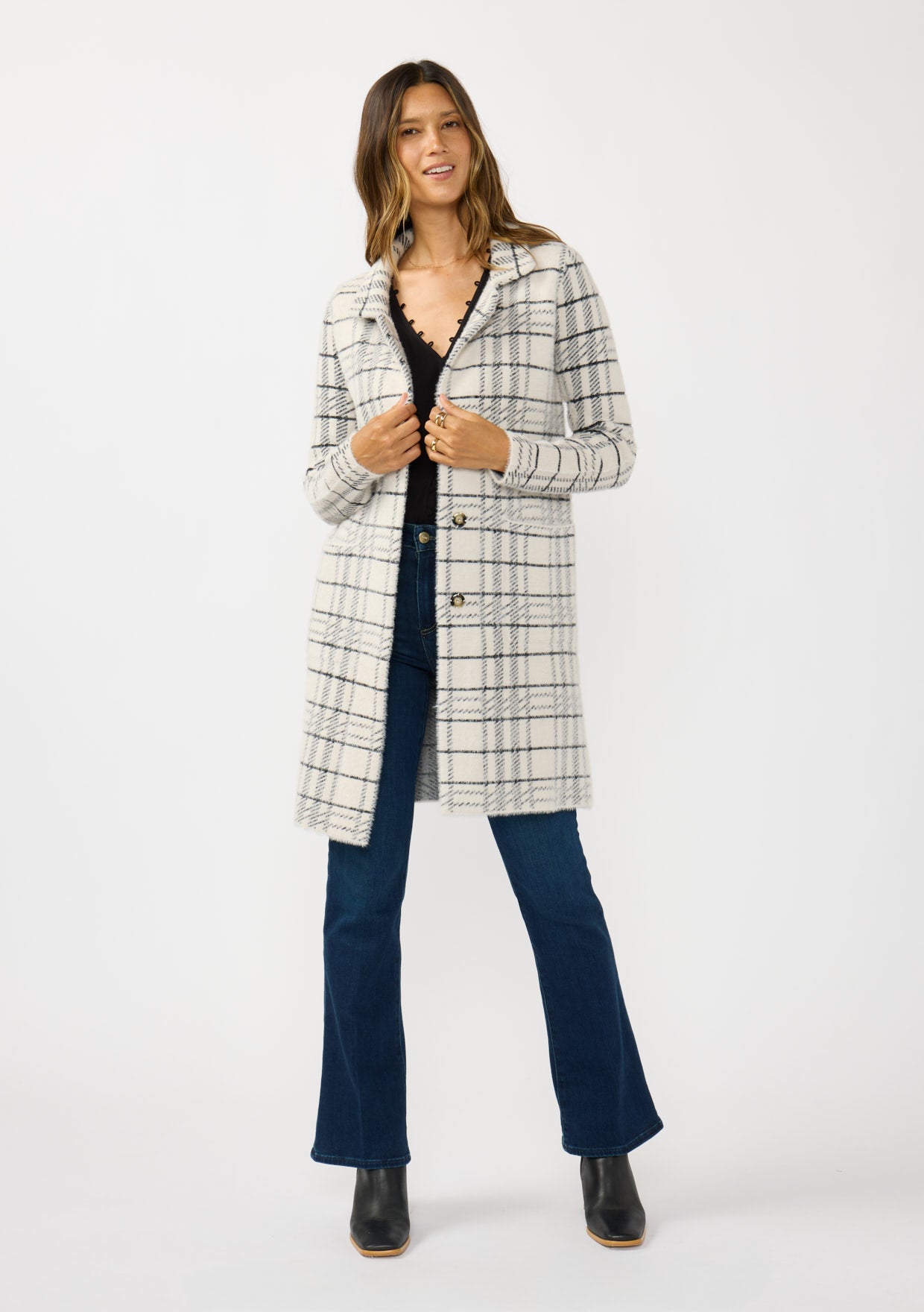 The Shiloh black-and-white windowpane plaid modest cardigan with a notched collar