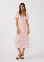 The Myrtle floral rayon-challis modest midi dress with flutter sleeves and a button front