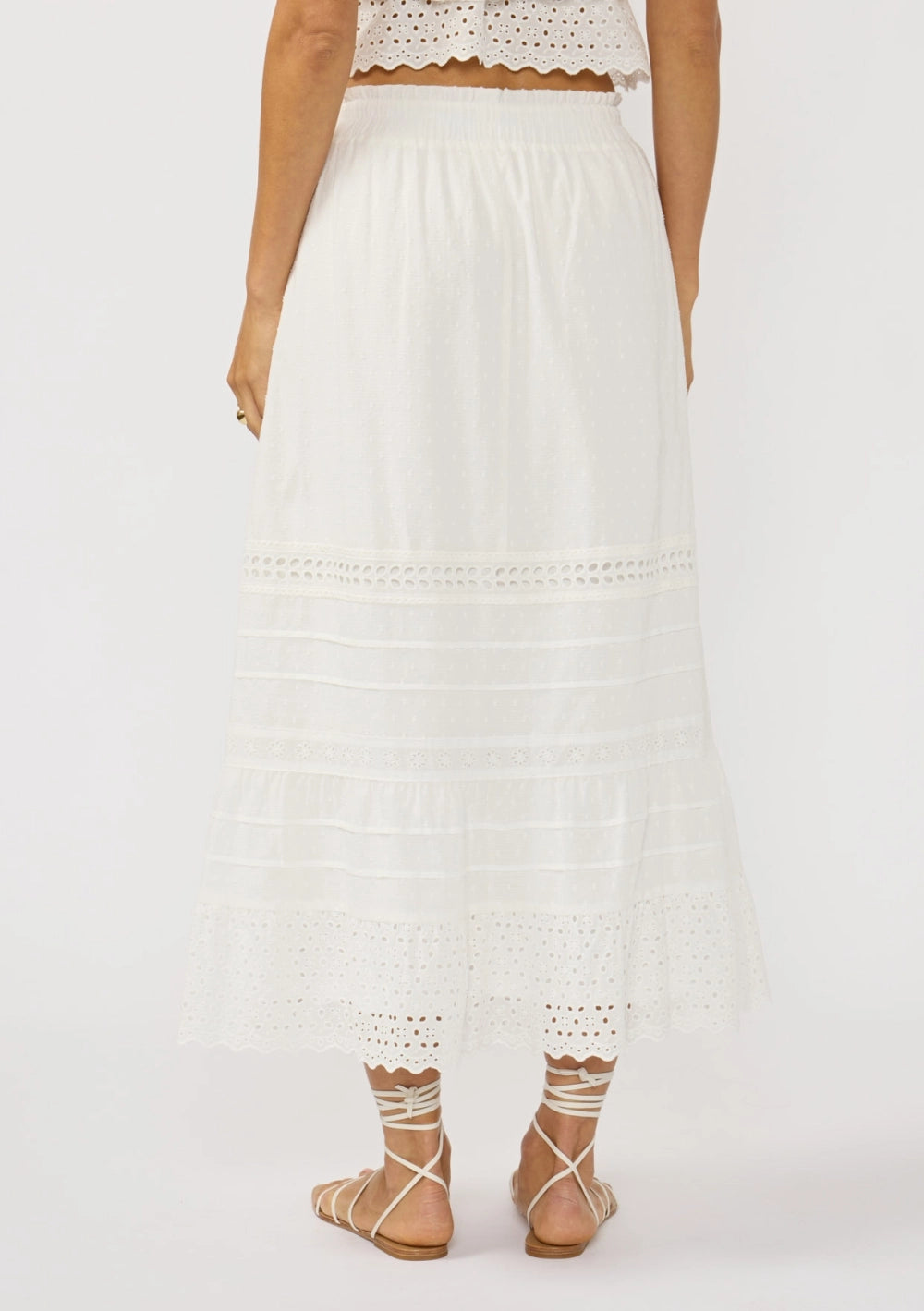 Bountiful white cotton modest church skirt with pintuck detail and eyelet hem