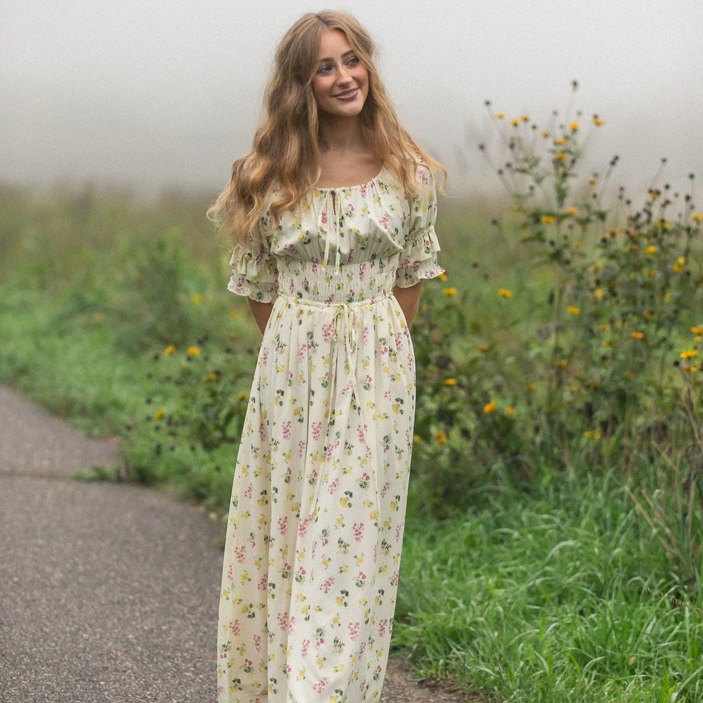 Meadow Daydream cream floral modest maxi dress with double puff sleeves and a smocked waist