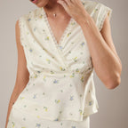 Lemon Blossom yellow ditsy-floral modest peplum top with wrap front and lace trim