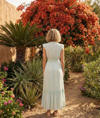 Meadowbrook seafoam modest Sunday maxi dress with crochet lace and flutter sleeves