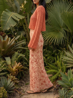 The Crimson Garden red floral-mesh modest maxi skirt with a mermaid silhouette and godet pleats