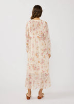 Floral chiffon modest midi dress with lace-insert sleeves, tiered skirt, and front ties