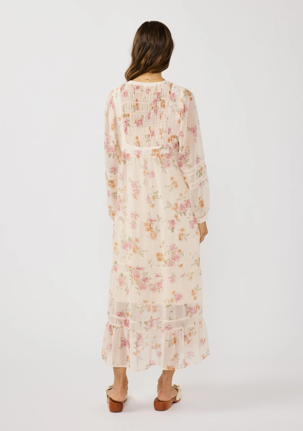 Floral chiffon modest midi dress with lace-insert sleeves, tiered skirt, and front ties