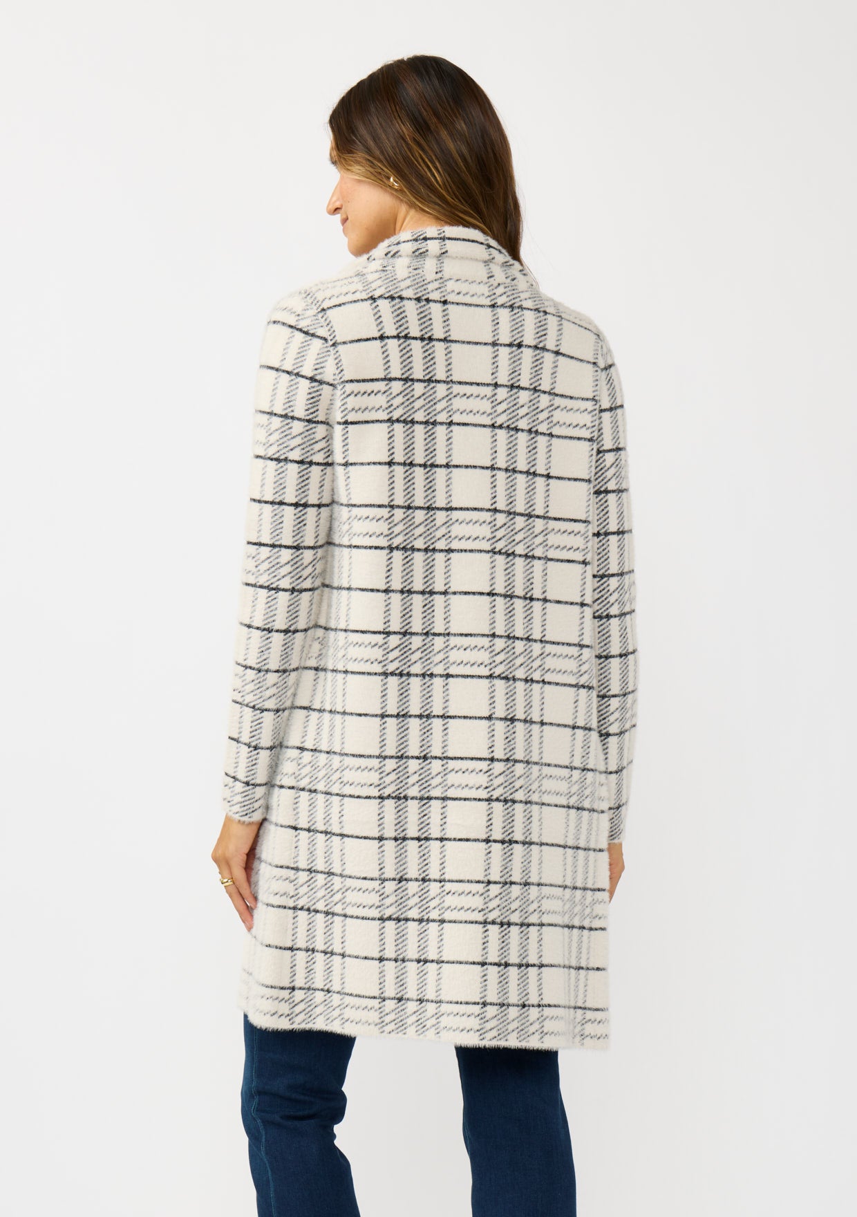 The Shiloh black-and-white windowpane plaid modest cardigan with a notched collar
