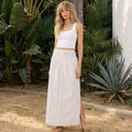 Striped neutral modest maxi skirt with a smocked waist and pockets