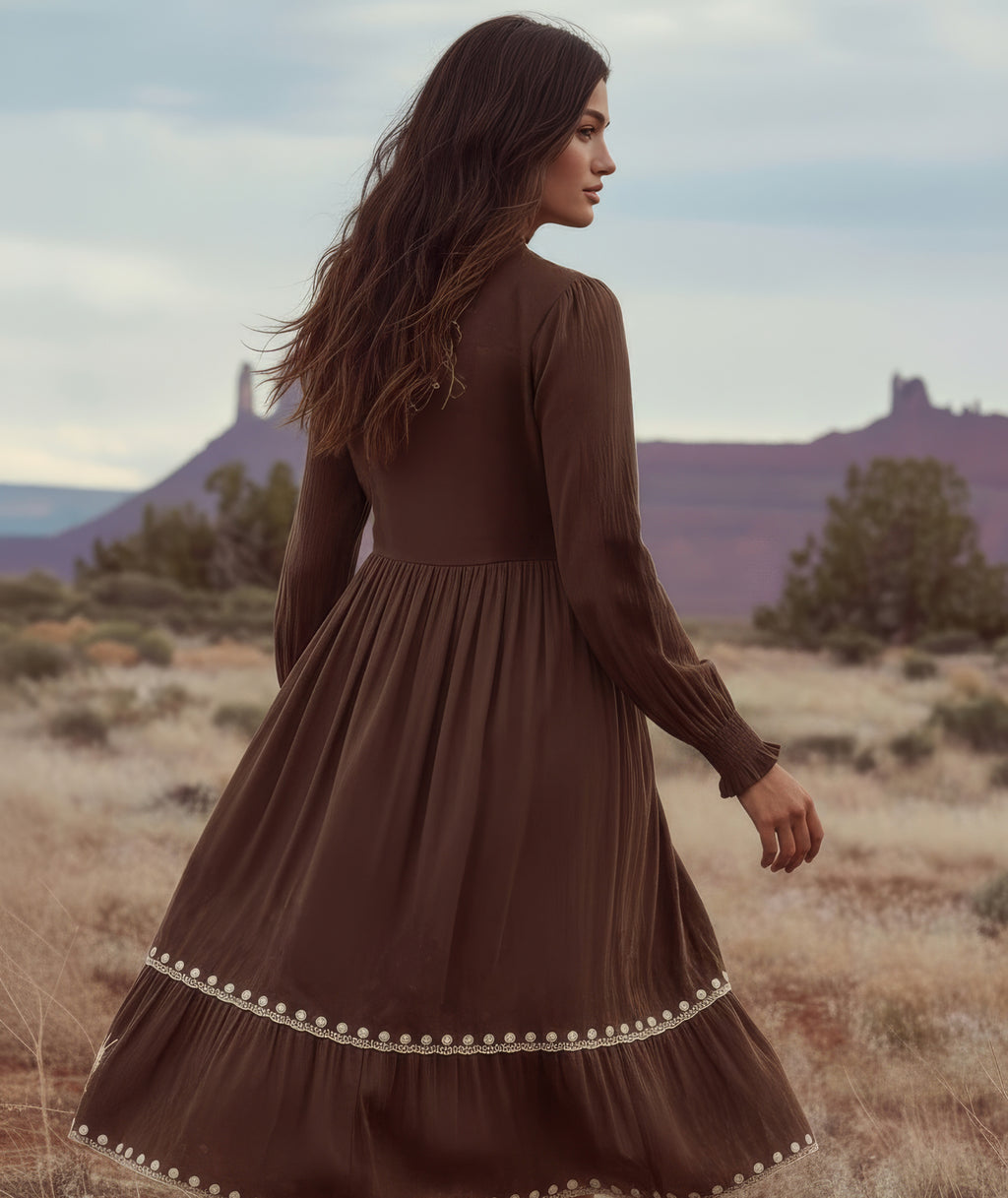 The Cassia chocolate-brown modest dress with cream floral embroidery and a tiered skirt