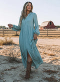 The Eden dusty-blue modest long-sleeve maxi dress with a button front and pockets